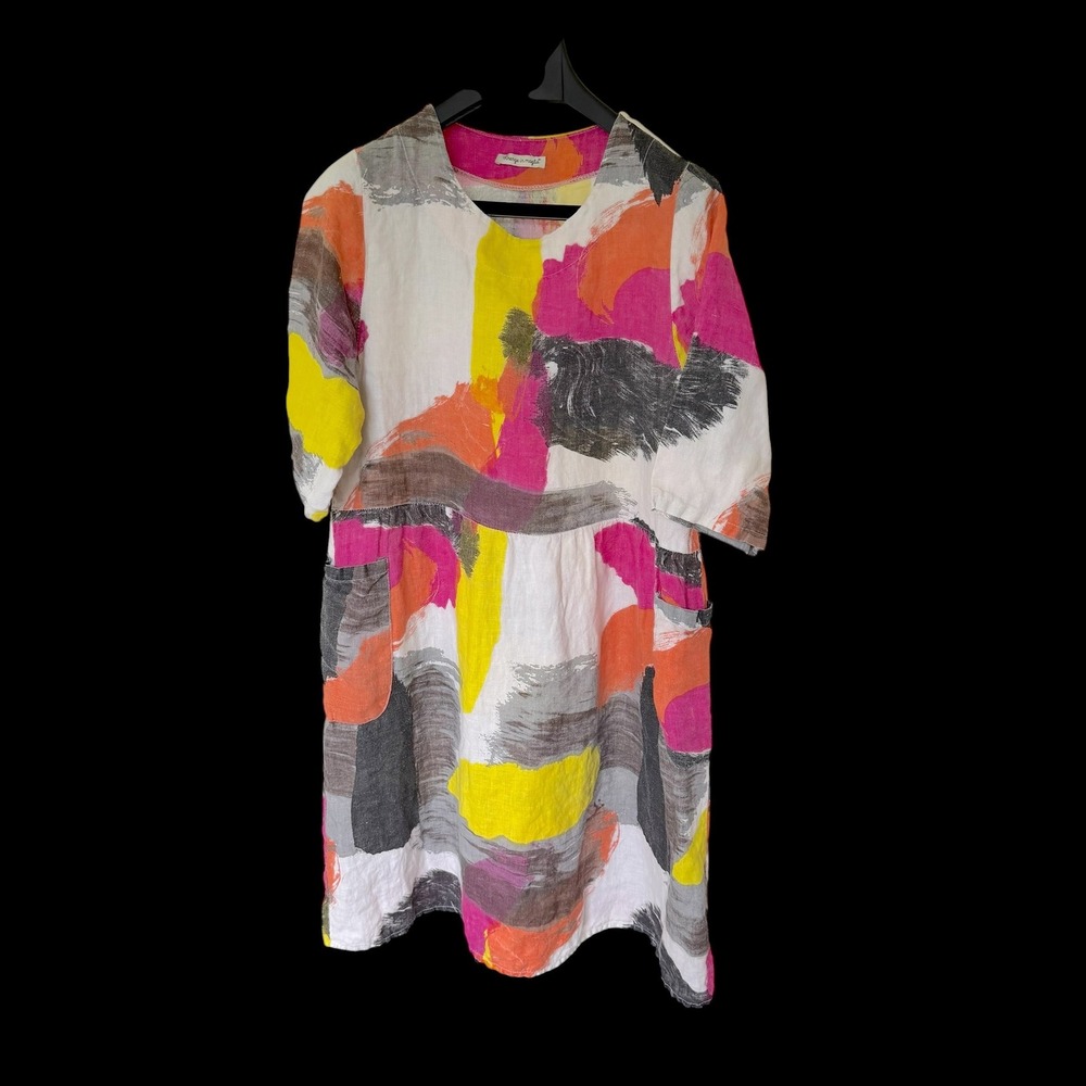 Firenze in Maglia Italy Abstract Brushstroke Linen Shift Dress Pockets Pink L